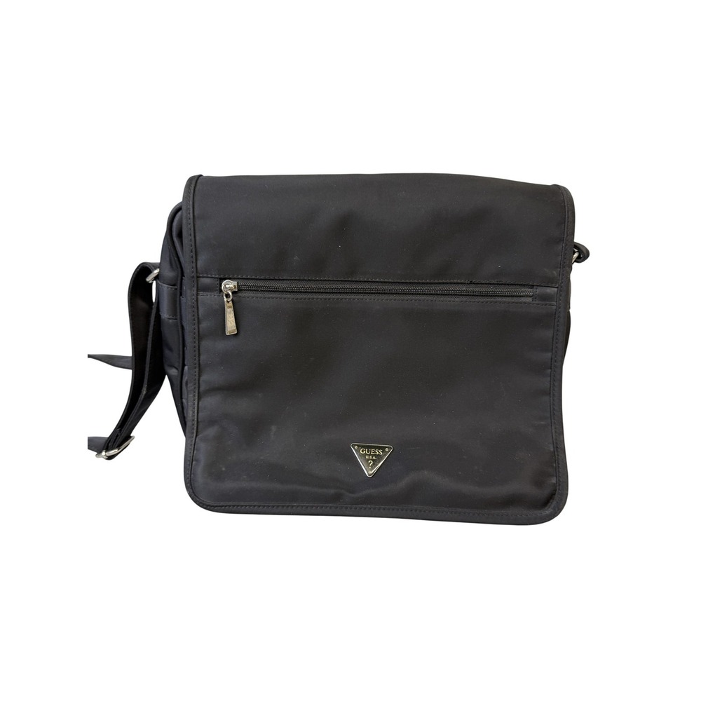 Guess USA Messenger Bag Black Nylon Crossbody Organizer Zip Pocket Triangle Logo